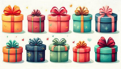 Colorful collection of cute gift boxes with simple ribbons displayed in a cheerful arrangement. Generative AI