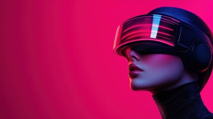 A woman explores an advanced virtual reality experience, her headset glowing brilliantly amidst a striking pink background that enhances the tech vibe of the moment