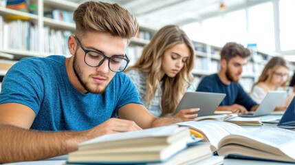 A group of four students are concentrating on their studies in a library. They read textbooks and use digital devices, immersed in their academic work during the afternoon