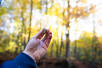 man hand bulb in nature. business concept