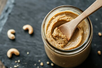 Fototapeta premium A glass jar filled with creamy cashew butter, accompanied by a wooden spoon, set against a dark background with scattered cashew nuts, depicting organic goodness.
