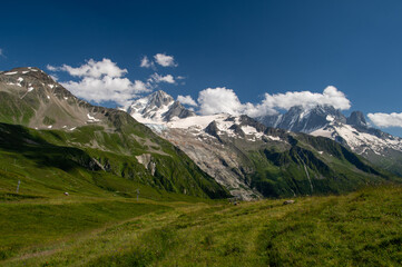 Alpine landscape in Switzerland, Alps mountains, green meadows