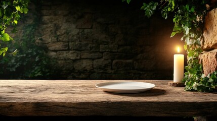 Fototapeta premium rustic wooden table features an empty plate beside a gently flickering candle, while ivy climbs the stone walls, creating a warm and inviting atmosphere at dusk