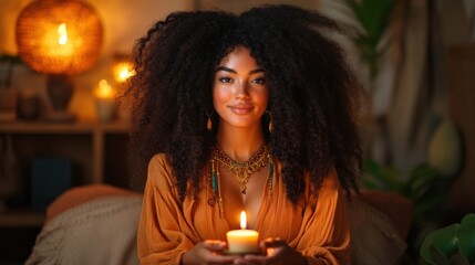 woman with voluminous curly hair is seated in a warmly lit space, gently cradling a glowing candle in her hands, surrounded by an inviting atmosphere and decorative elements