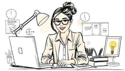 Trend artwork sketch image photo collage of workspace candidate vacation hr research idea lamp young woman sign contract supplies document isolated with white highlights, png