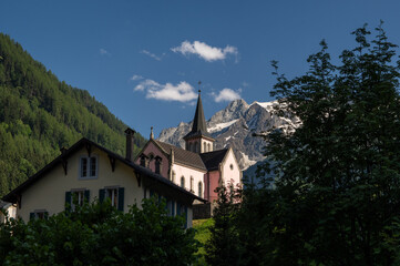 Alpine church with mountains in the background, Trient, Switzerland