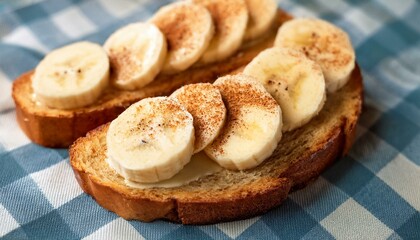 healthy snack food slices of banana with cinnamon on a bread