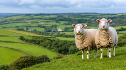 Fototapeta premium Two fluffy sheep are peacefully grazing on a verdant hillside, surrounded by rolling green fields and a tranquil rural backdrop on a clear day