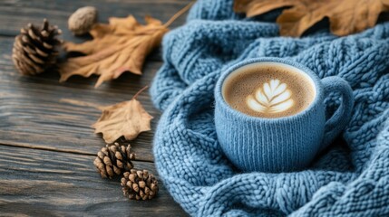 A warm cup of coffee sits wrapped in a blue knitted sweater, surrounded by pinecones and dried autumn leaves on a rustic wooden table, creating a cozy atmosphere