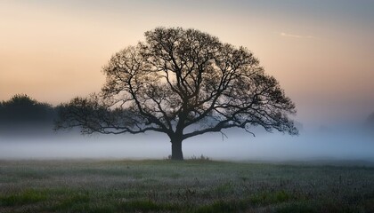 Obraz premium solitary tree in mist a solitary tree with twisting branches sways in the gentle mist evoking a sense of tranquility and resilience in a minimalist and serene setting