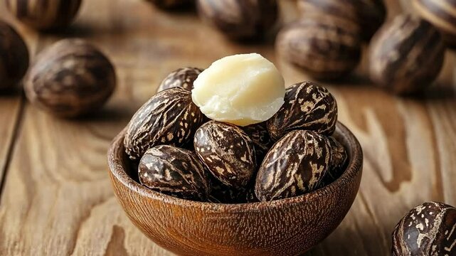 A bowl of shea nuts sits on a wooden table, with one nut broken open to reveal the creamy white shea butter inside