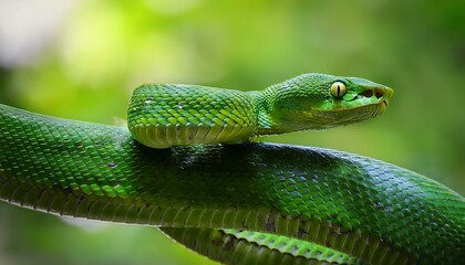 Fototapeta premium emerald serpent coiled a mesmerizing emerald green snake its scales shimmering in the light coils into a hypnotic spiral against a vibrant green backdrop a captivating study in nature s beauty t