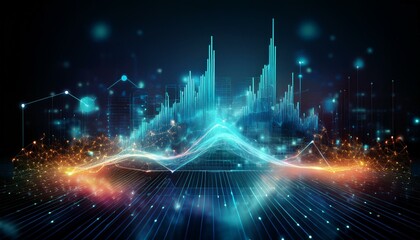 digital growth spark abstract network with glowing interconnected nodes and a rising line graph symbolizing data analysis trends and financial growth in the tech industry