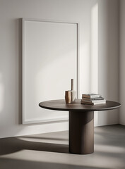  Large white picture frame on an empty wall with a round table in front holding books and a vase, in a minimalistic interior. Perfect for design visuals or modern decor themes