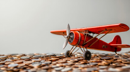 A red toy airplane sits on a pile of coins