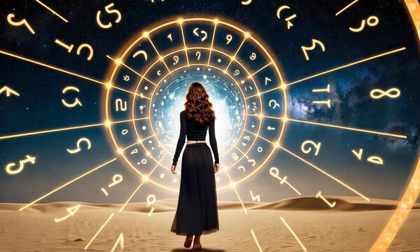 A journey through the mystical desert under a starry sky while exploring ancient symbols of astrology and fate at midnight