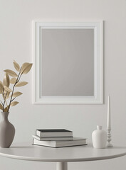  Large white picture frame on an empty wall with a round table in front holding books and a vase, in a minimalistic interior. Perfect for design visuals or modern decor themes
