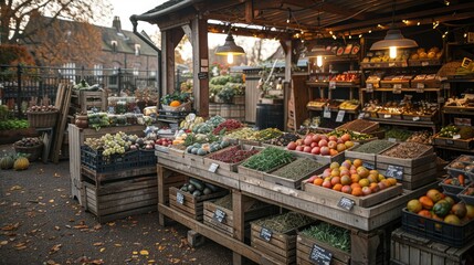 Fototapeta premium A quaint, rustic market stall overflowing with fresh produce.