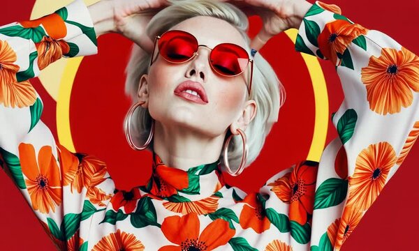 Colorful floral fashion shoot featuring model with bold accessories against vibrant red background