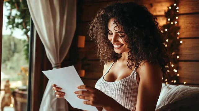 In a charming cabin filled with warm lights and holiday decor, a woman beams with joy as she reads a meaningful letter, savoring this special moment of connection and happiness