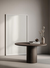  Large white picture frame on an empty wall with a round table in front holding books and a vase, in a minimalistic interior. Perfect for design visuals or modern decor themes