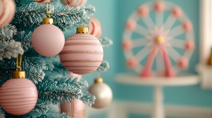 A close-up of a decorated Christmas tree with pink and gold ornaments against a pastel blue background.  A miniature Ferris wheel is visible in the background.