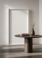  Large white picture frame on an empty wall with a round table in front holding books and a vase, in a minimalistic interior. Perfect for design visuals or modern decor themes