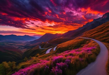 vibrant sunset over winding mountain road capturing colorful dramatic flowing scenic views, sky, clouds, landscape, horizon, nature, scenery, travel, hill
