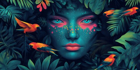 Fototapeta premium A Colorful Woman With Vibrant Face Paint Surrounded by Tropical Foliage and Birds in a Lively, Artistic Representation of Nature and Humanity Together