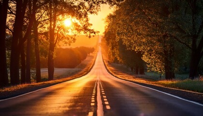 Fototapeta premium road leading towards setting sun long shadow cast by road markings warm sunset colors dramatic lighting blurred trees lining the sides atmospheric depth of field dreamy and cinematic vibes