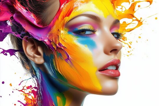Woman&rsquo;s face with vibrant paint splashes in a surreal and artistic style