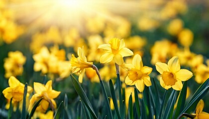 beautiful yellow spring daffodil flowers in the field in the sun s rays close up nature background
