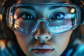 Close-up portrait of a female engineer in goggles focused on her work in the lab