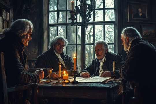An intimate gathering of the Founding Fathers discussing plans by candlelight