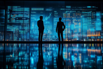 Business professionals standing in silhouette against a vibrant city skyline with digital overlays at twilight