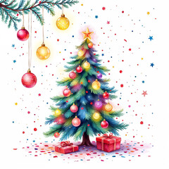 Watercolor Illustration of Christmas Tree, New Year 2025 with space for text	

