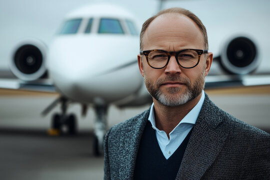 Confident businessman standing on tarmac beside private jet during overcast day