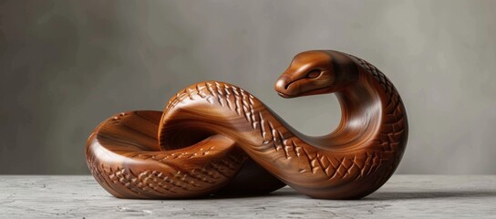 A beautifully detailed snake sculpture carved from wood, showcasing intricate scale pattern and lifelike coiling form on a solid surface.