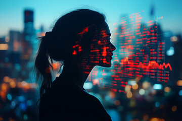 Silhouette of a woman with digital data overlay against a city skyline during twilight, perfect for modern business themes