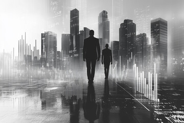 Professional silhouettes walking in a futuristic cityscape with data visualizations at dusk, representing business growth and analysis