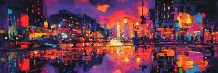 Obraz premium Dreamlike, neon cityscape at night with bold, glowing streetlights, reflective puddles, and surreal shapes in the sky