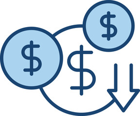 Cost Efficiency Icon . Dollar Sign with Downward Trend Arrow. Blue Vector Outline style.