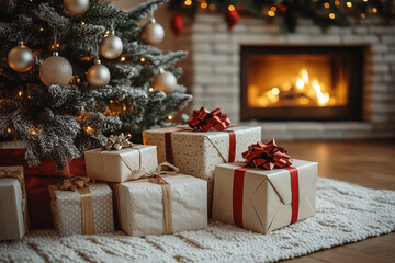 Cozy Christmas celebration by a beautifully decorated tree with gifts under warm lights near a glowing fireplace