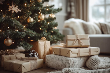Festive Christmas gifts gathered under a beautifully decorated tree in a cozy living room setting during the holiday season