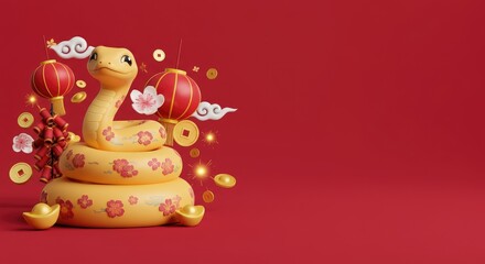 Naklejka premium Decorative snake with lanterns, flowers, and coins on red background, celebrating festive occasion