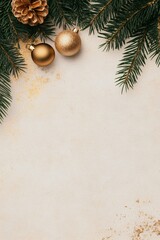 Gold Christmas baubles with pine branches and glitter on beige background. Holiday corner decoration. Winter celebration concept. Natural design