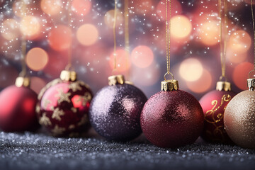 Fototapeta premium Colorful Christmas ornaments hanging against a festive bokeh background create a warm holiday atmosphere in December