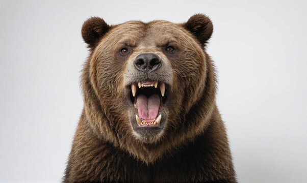 A brown bear growls with its mouth open, showing its teeth