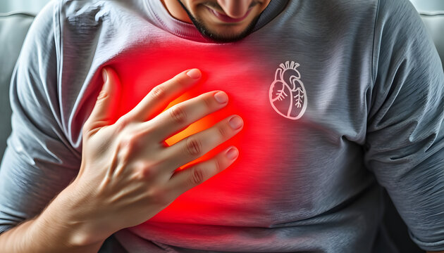 Male having cardiac medical health problem painful sickness symptoms myocardial infarction. Close up of young man pressing hand chest heart attack suffering from unbearable pain sit on sofa at home 