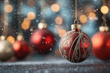 Ornate red holiday balls suspended against a blurred festive background with soft snowfall during a winter celebration